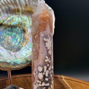 Blue Flower Agate Crystal Tower B Flash Asterism Rainbows Chalcedony 6 sided Obe